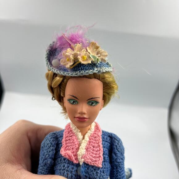 Vintage Handmade Victorian GWTW Style Formal Dress Gown Blue Pink Barbie Crochet - Picture 9 of 9